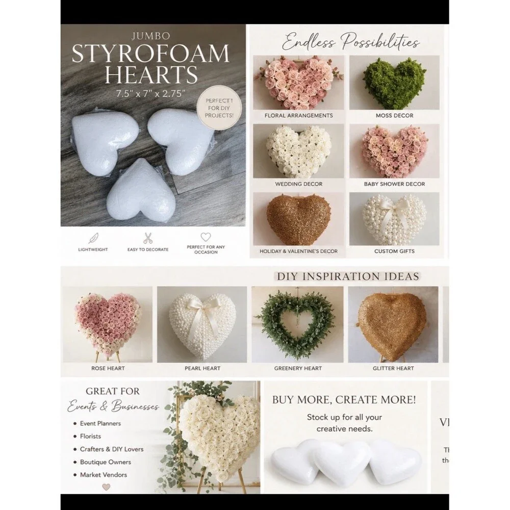 3 Pack White Polystyrene Foam Hearts Crafting DIY Crafts Decorative 7.5x7x2.75in
